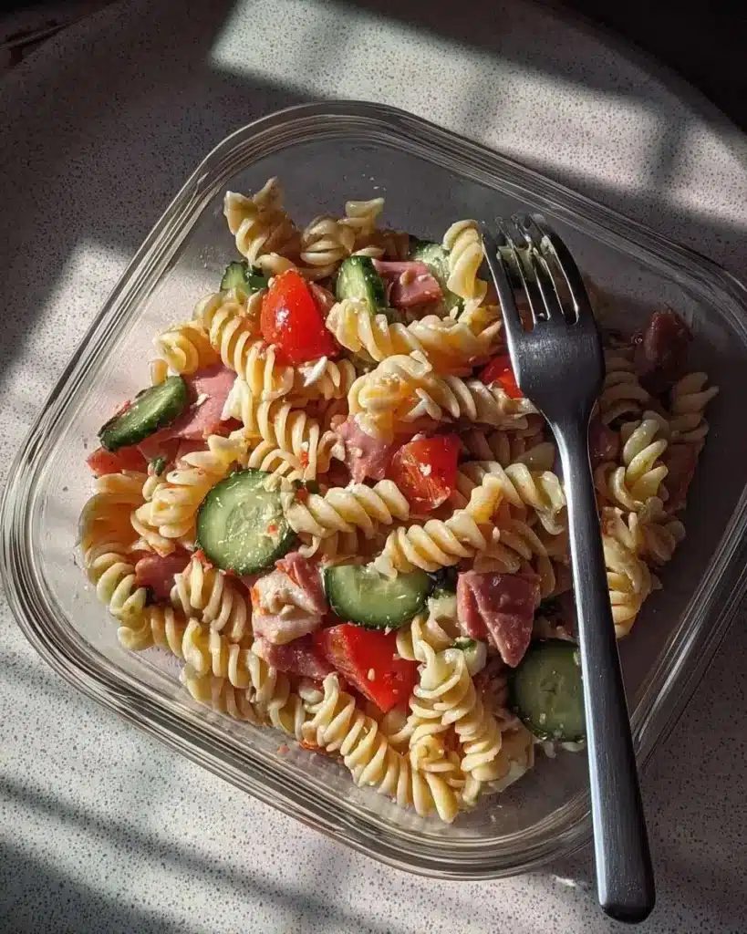 Protein-packed Italian pasta salad with colorful vegetables and dressing