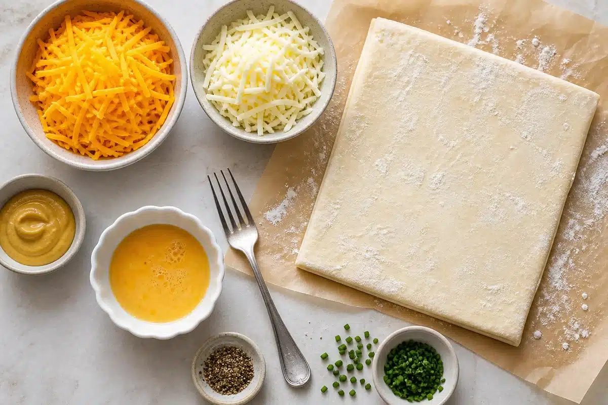 Puff pastry grilled cheese ingredients with pastry cheese egg wash and mustard