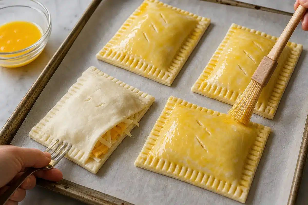 Puff pastry grilled cheese hand pies being sealed and brushed with egg wash