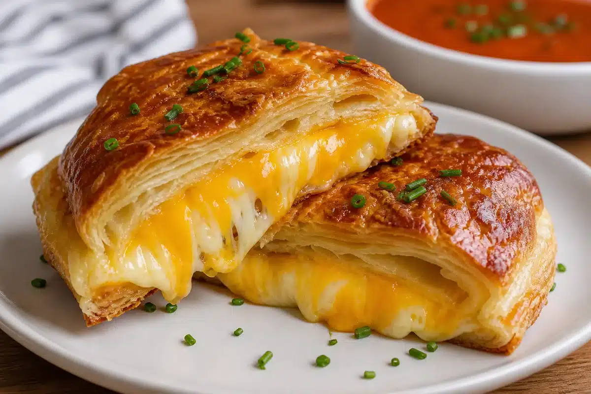 Finished puff pastry grilled cheese cut open with flaky layers and melted cheese