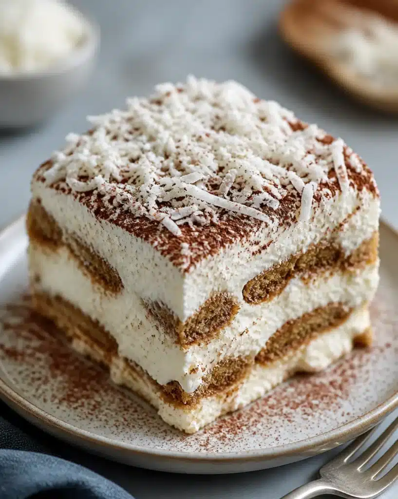 Delicious Raffaello-inspired coconut tiramisu dessert in a beautiful presentation