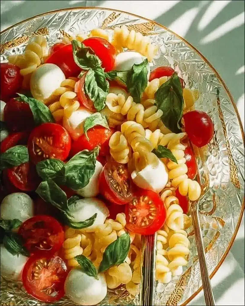 Rainbow Caprese Pasta Salad with colorful vegetables, pasta, and fresh mozzarella