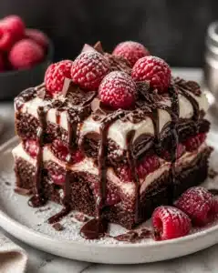 Delicious Raspberry-Chocolate Lasagna dessert with layers of creamy filling