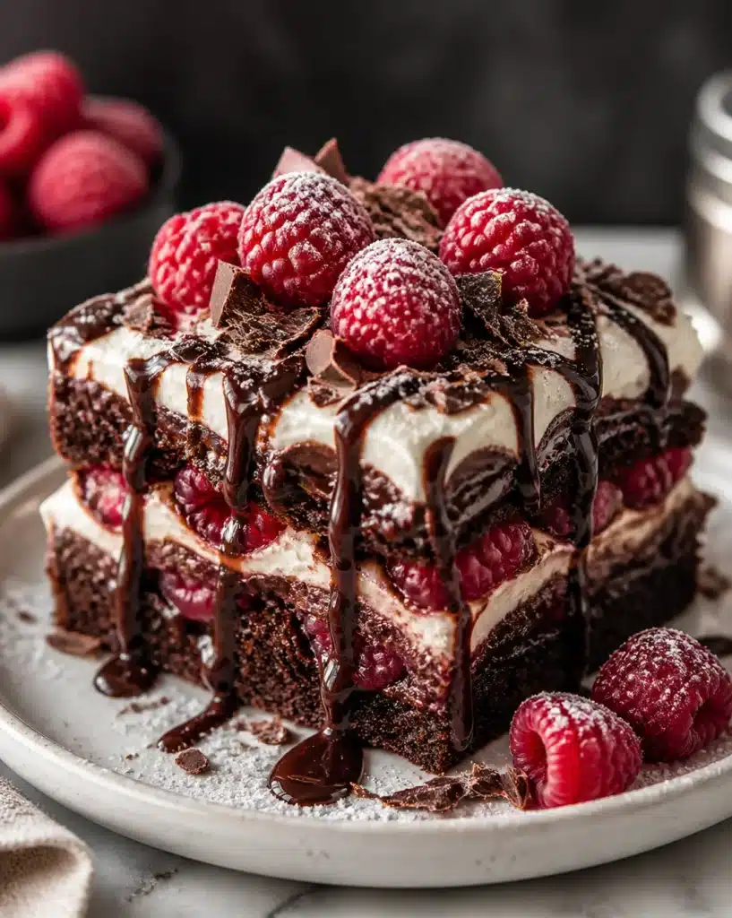 Delicious Raspberry-Chocolate Lasagna dessert with layers of creamy filling