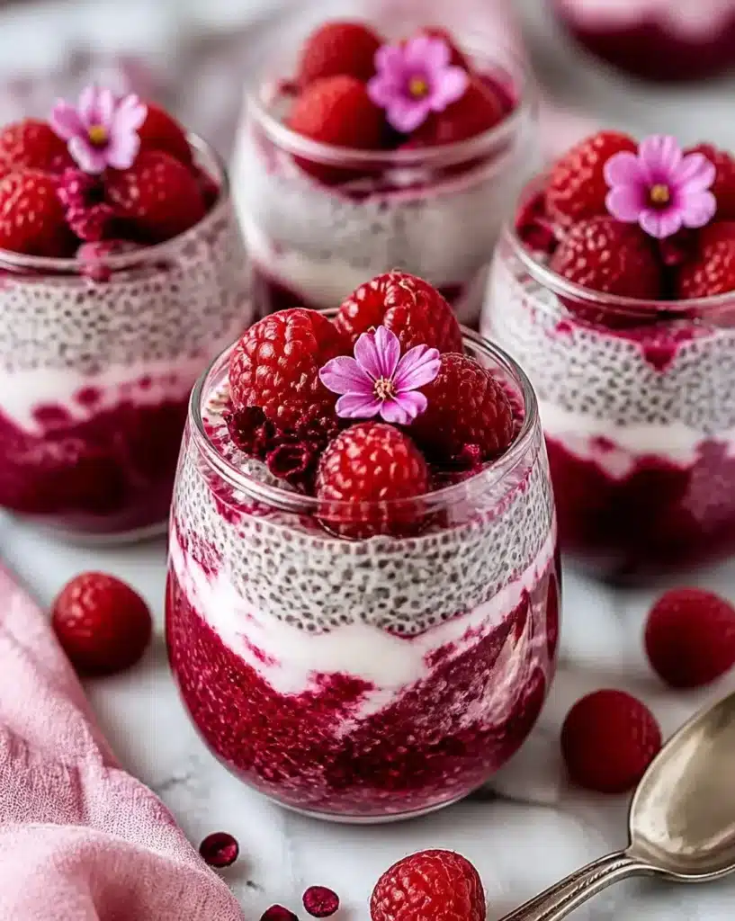 Delicious Raspberry Hibiscus Chia Pudding in a glass topped with raspberries.