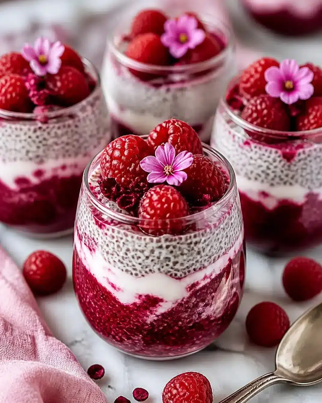 Delicious Raspberry Hibiscus Chia Pudding in a glass topped with raspberries.
