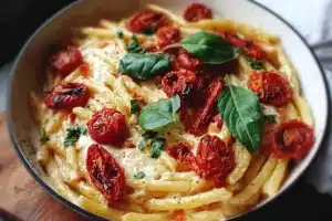 Plate of roasted tomato and garlic ricotta pasta with fresh basil