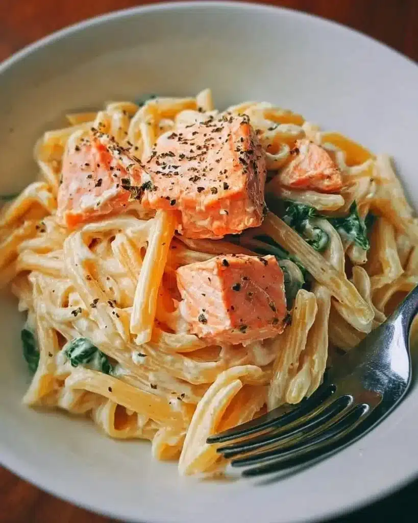 Silky salmon pasta in creamy sauce garnished with herbs