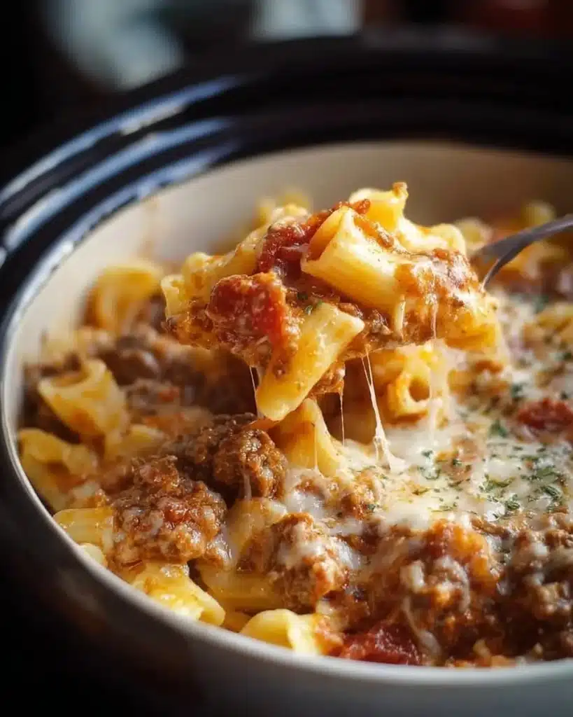 Slow Cooker Million Dollar Pasta in a bowl, garnished with cheese and herbs