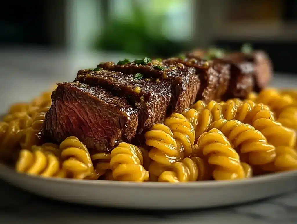 Spicy Creamy Garlic Butter Steak served with pasta, garnished for a flavorful meal