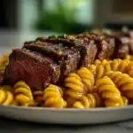 Spicy Creamy Garlic Butter Steak served with pasta, garnished for a flavorful meal
