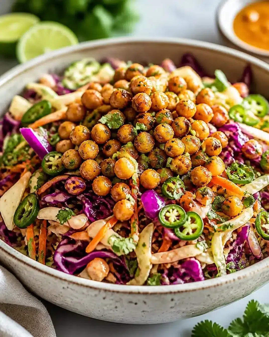 Spicy Honey-Lime Cabbage Crunch salad with vibrant colors and textures.