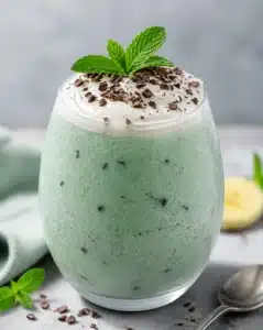Spirulina Mint Chip Smoothie in a glass with mint leaves and chocolate chips.