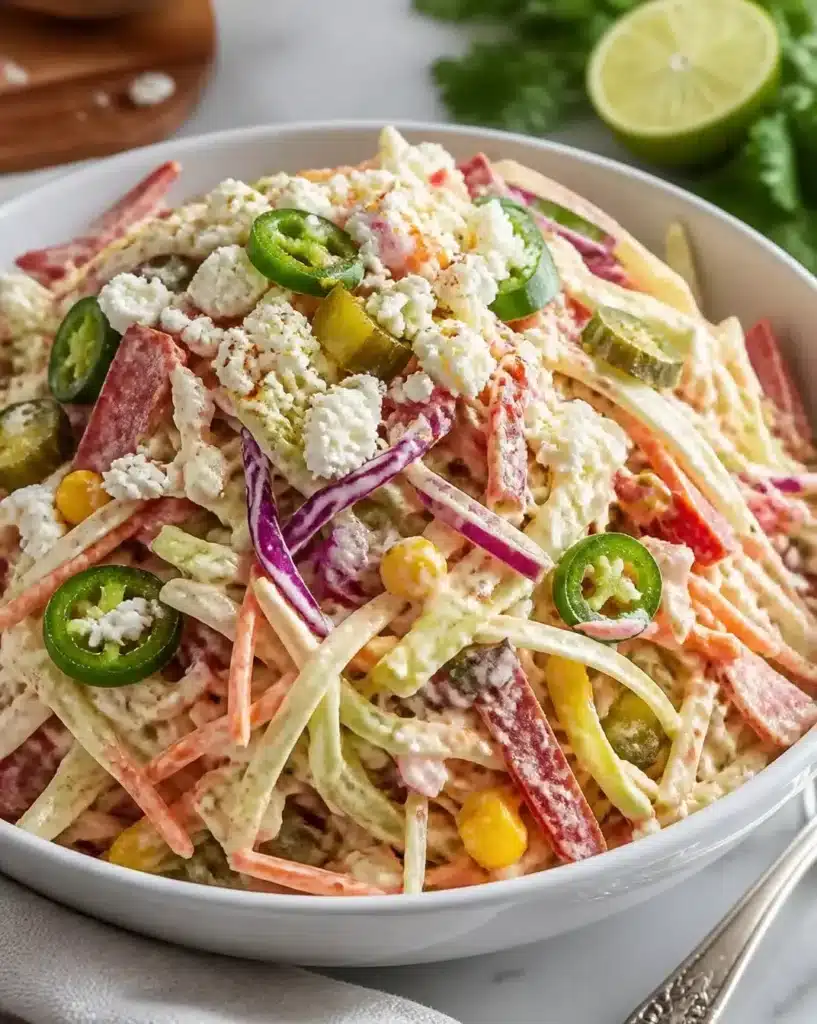 Bowl of vibrant Street-Style Mexican Coleslaw with fresh vegetables and lime dressing