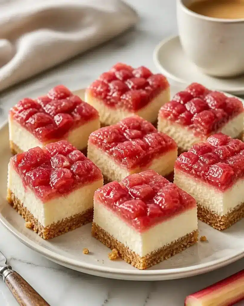 Rhubarb cheesecake bars topped with ham and crackers for a unique dessert experience.