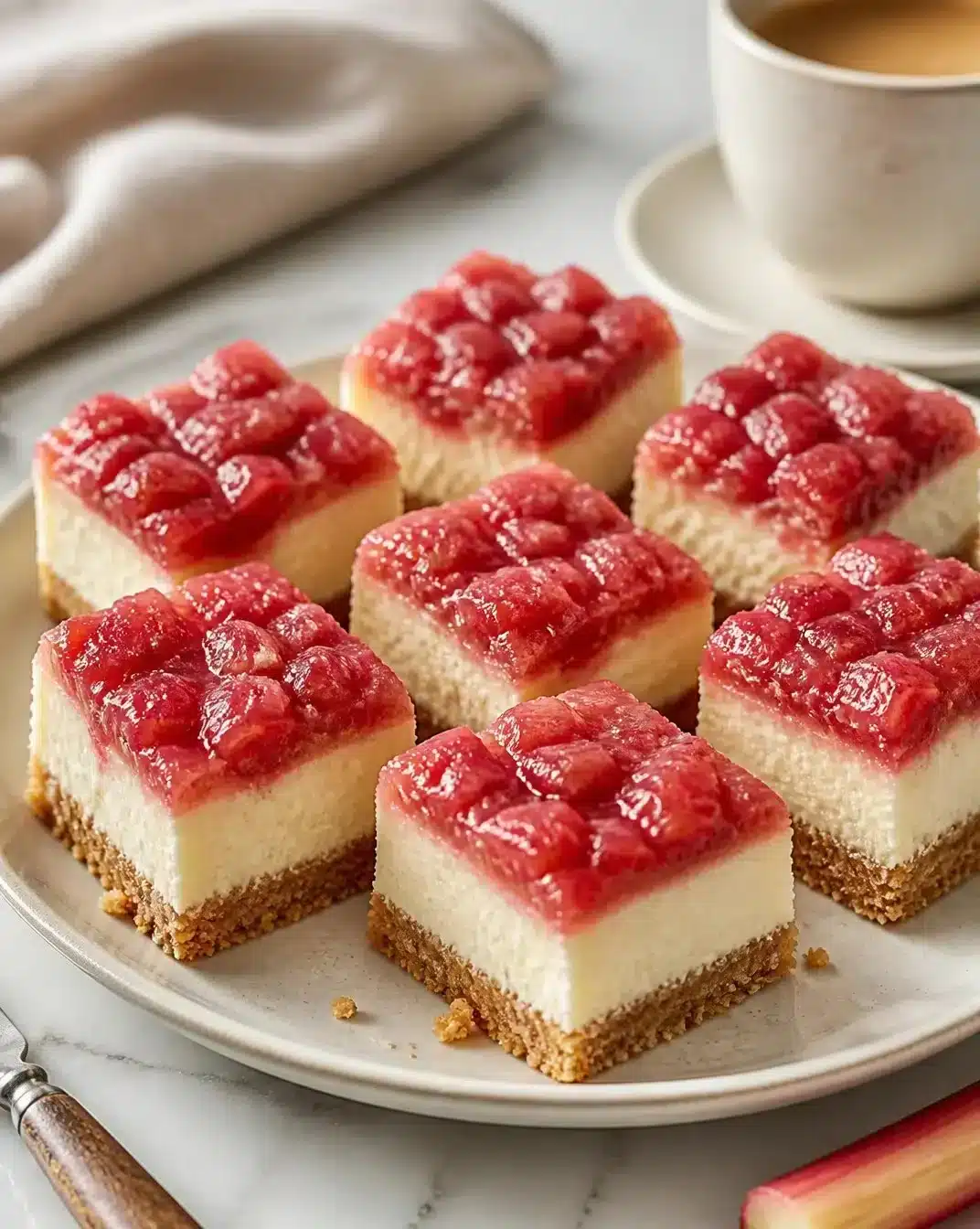 Rhubarb cheesecake bars topped with ham and crackers for a unique dessert experience.