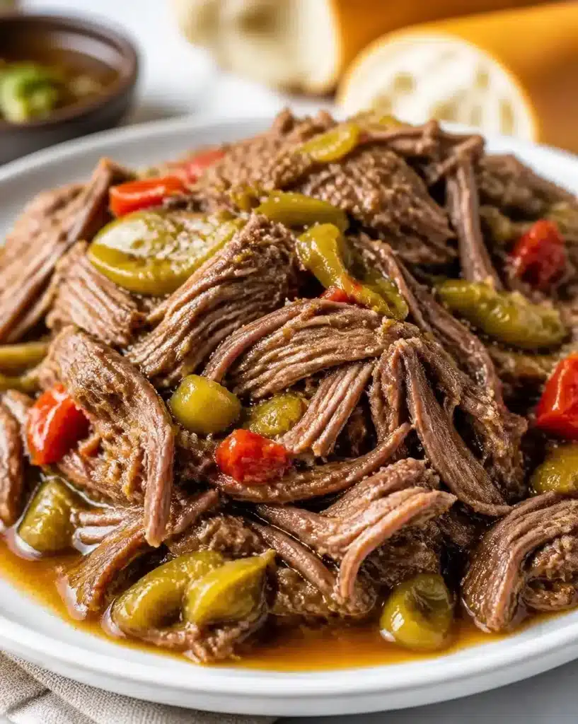 Tender slow cooker Italian beef served in a sandwich with fresh herbs.