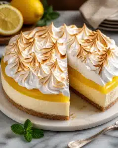 Threefold Lemon Meringue Cheesecake with layers of lemon and meringue topping