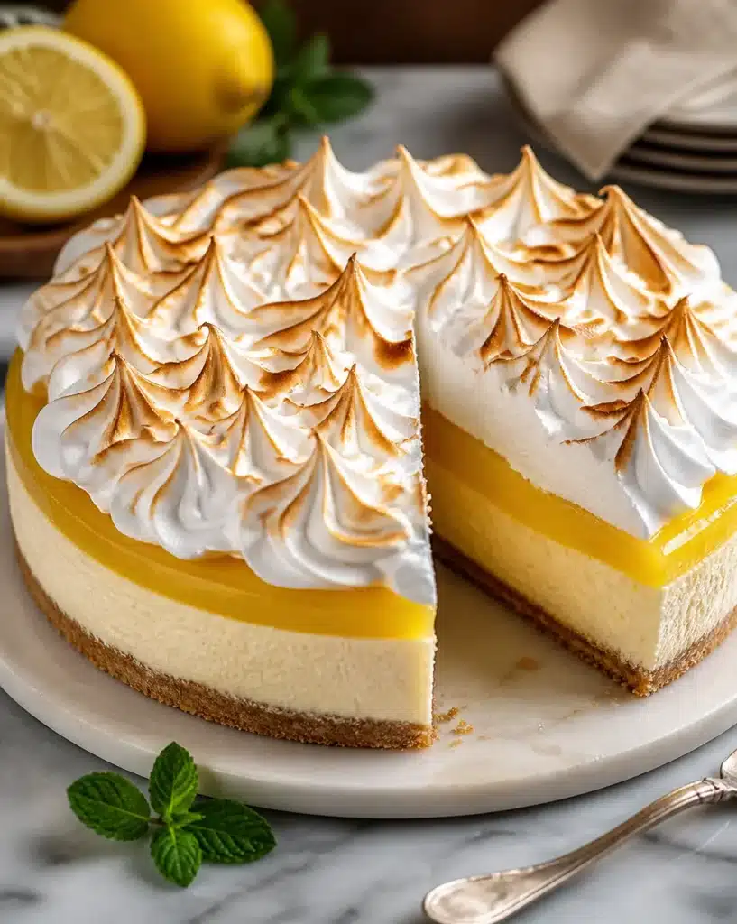 Threefold Lemon Meringue Cheesecake with layers of lemon and meringue topping