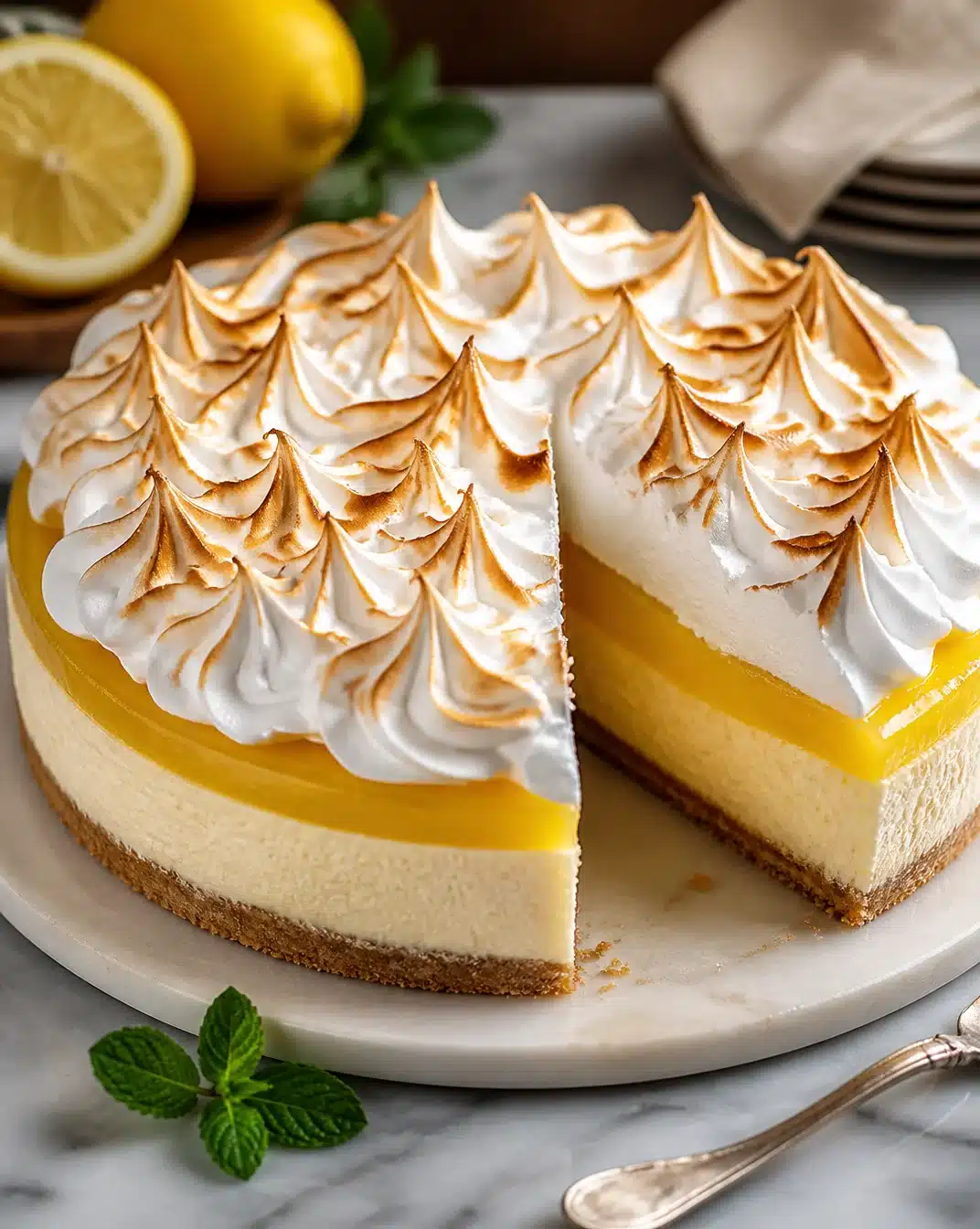 Threefold Lemon Meringue Cheesecake with layers of lemon and meringue topping