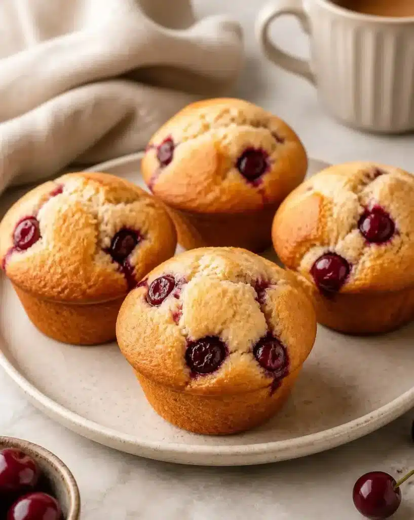 Freshly baked cherry muffins with a golden crust and cherry filling