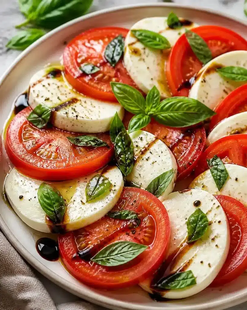 Traditional Caprese Salad with fresh tomatoes, mozzarella cheese, and basil leaves