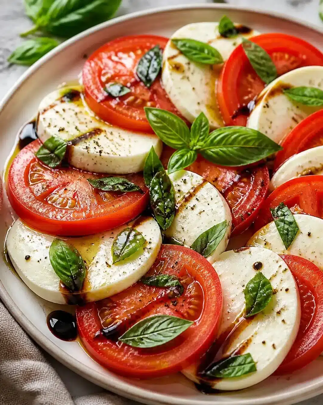 Traditional Caprese Salad with fresh tomatoes, mozzarella cheese, and basil leaves