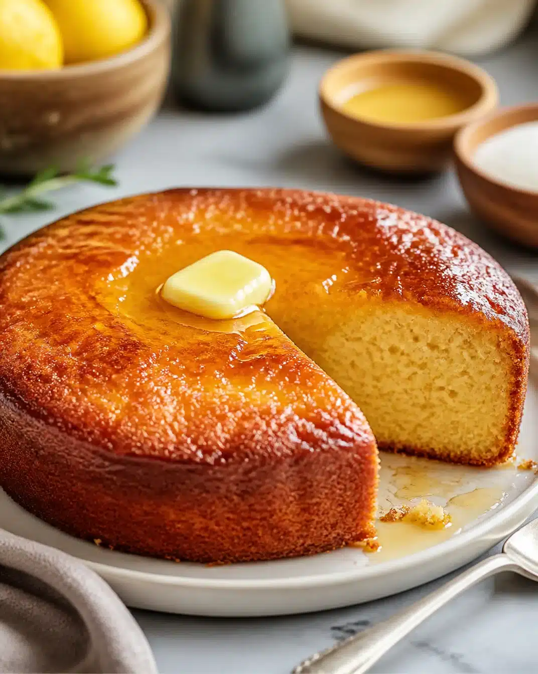 Delicious Traditional French Butter Tea Cake served with a cup of tea