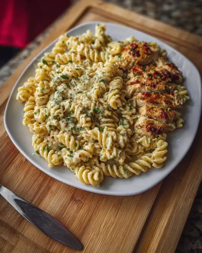 Creamy garlic parmesan chicken pasta garnished with herbs in a white bowl