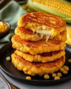 Venezuelan Sweet Corn Pancakes 5 Venezuelan Sweet Corn Pancakes served with toppings on a plate.