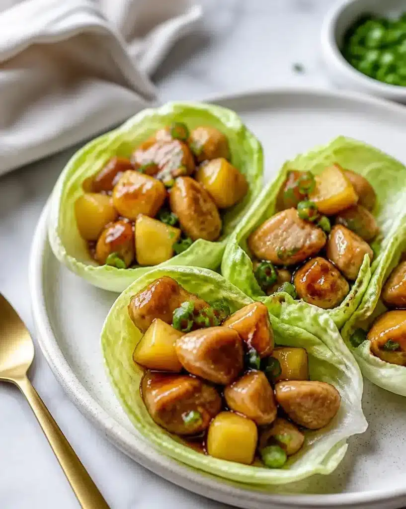 Whiskey-flavored chicken lettuce wraps served on a plate