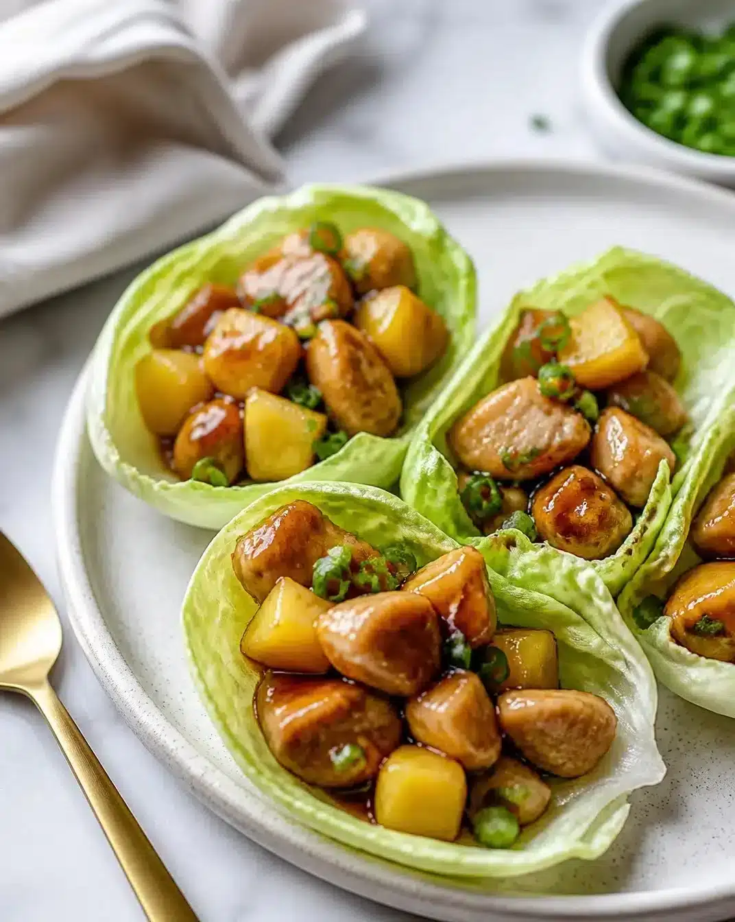 Whiskey-Flavored Chicken Lettuce Wraps 1 Whiskey-flavored chicken lettuce wraps served on a plate