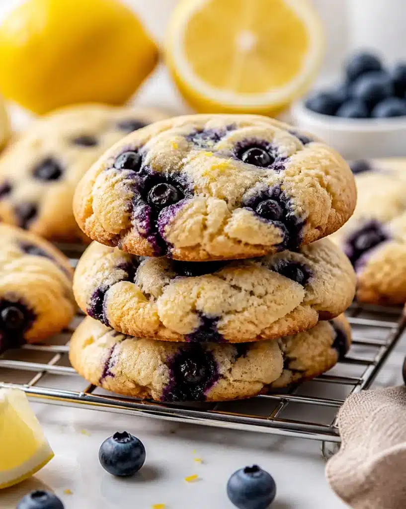 Zesty lemon blueberry cheesecake cookies on a plate with blueberries and lemon slices