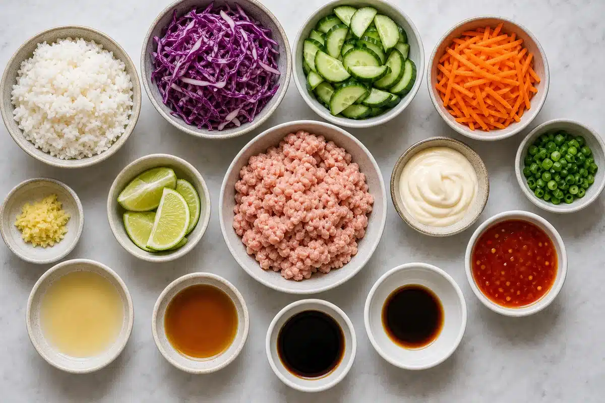 Bang bang ground turkey bowl ingredients with rice turkey vegetables sauce lime and seasonings