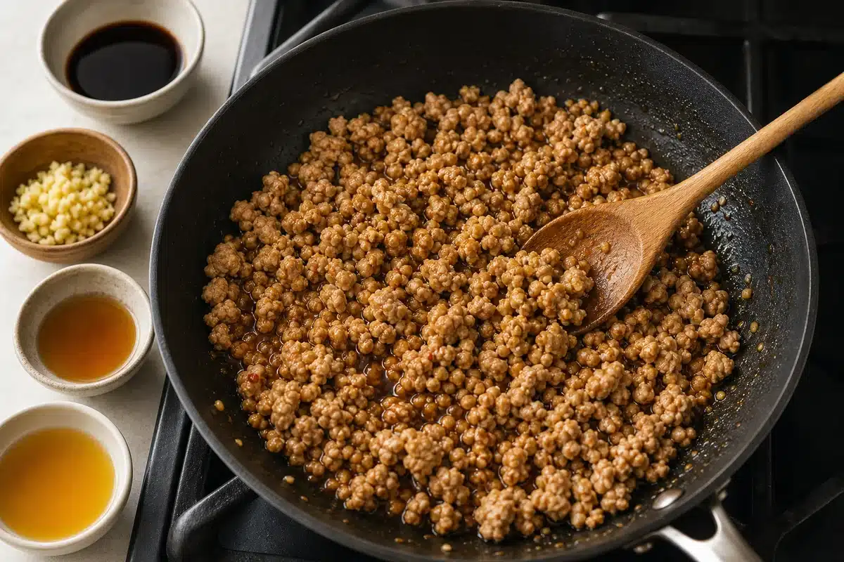Ground turkey cooking in a skillet with garlic ginger and savory sauce