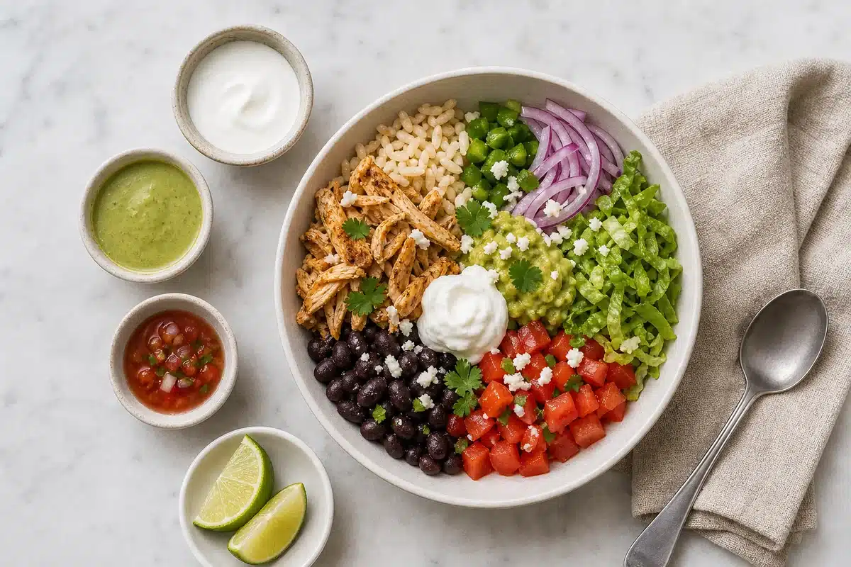 Lighter cantina style chicken bowl with sauce on the side vegetables beans rice and lime