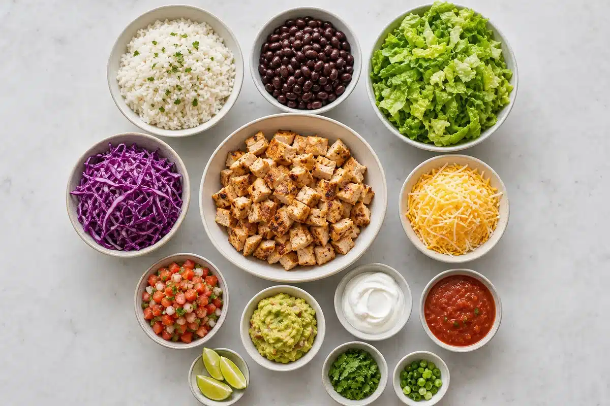 Cantina style chicken bowl ingredients with rice black beans chicken lettuce cabbage cheese salsa guacamole and lime