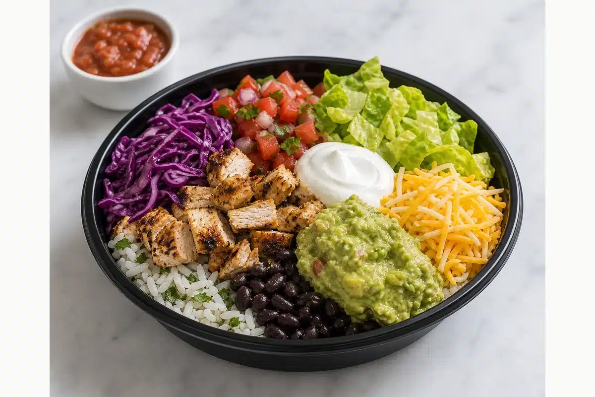 Cantina style chicken bowl with rice black beans chicken lettuce cabbage pico cheese guacamole and sour cream