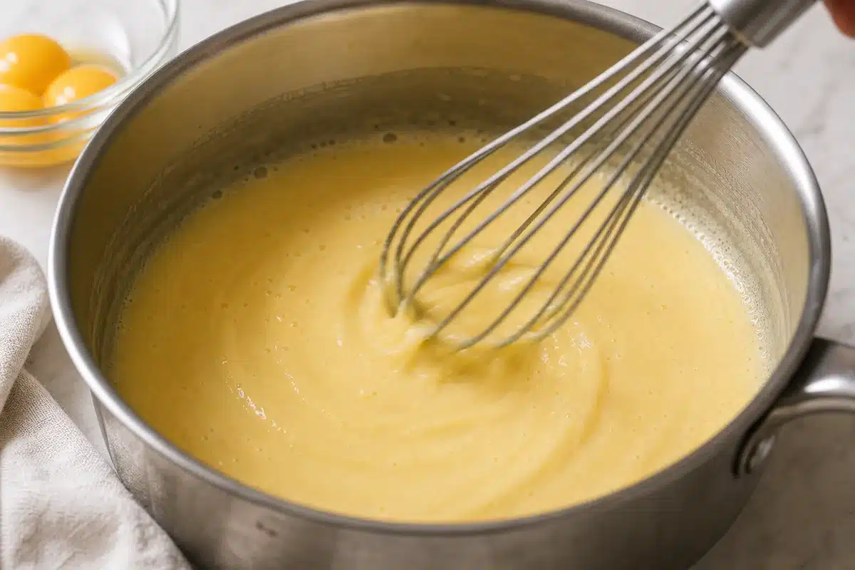 Custard base for carnivore ice cream being whisked in a saucepan