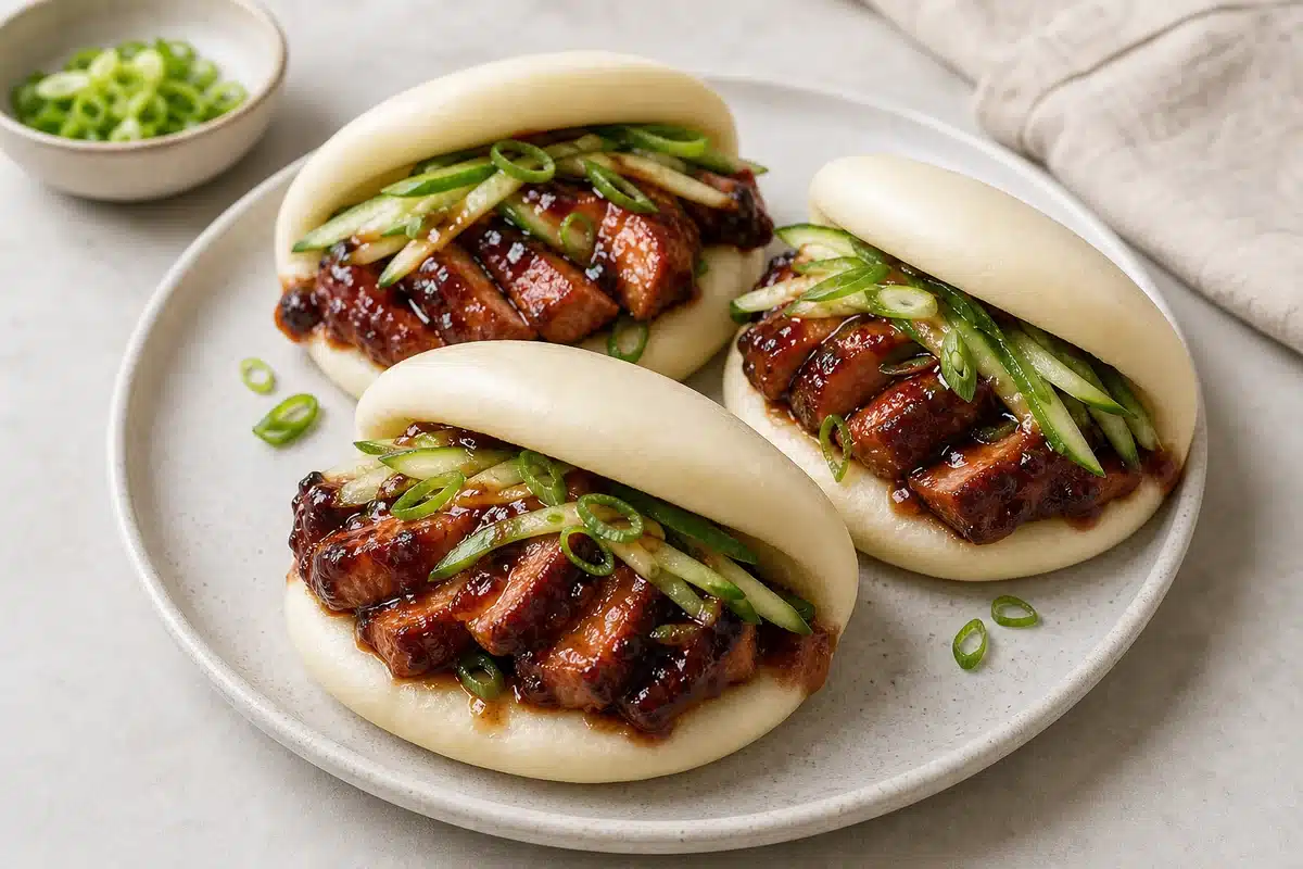 Char siu chicken served in bao buns with cucumber scallions and sauce
