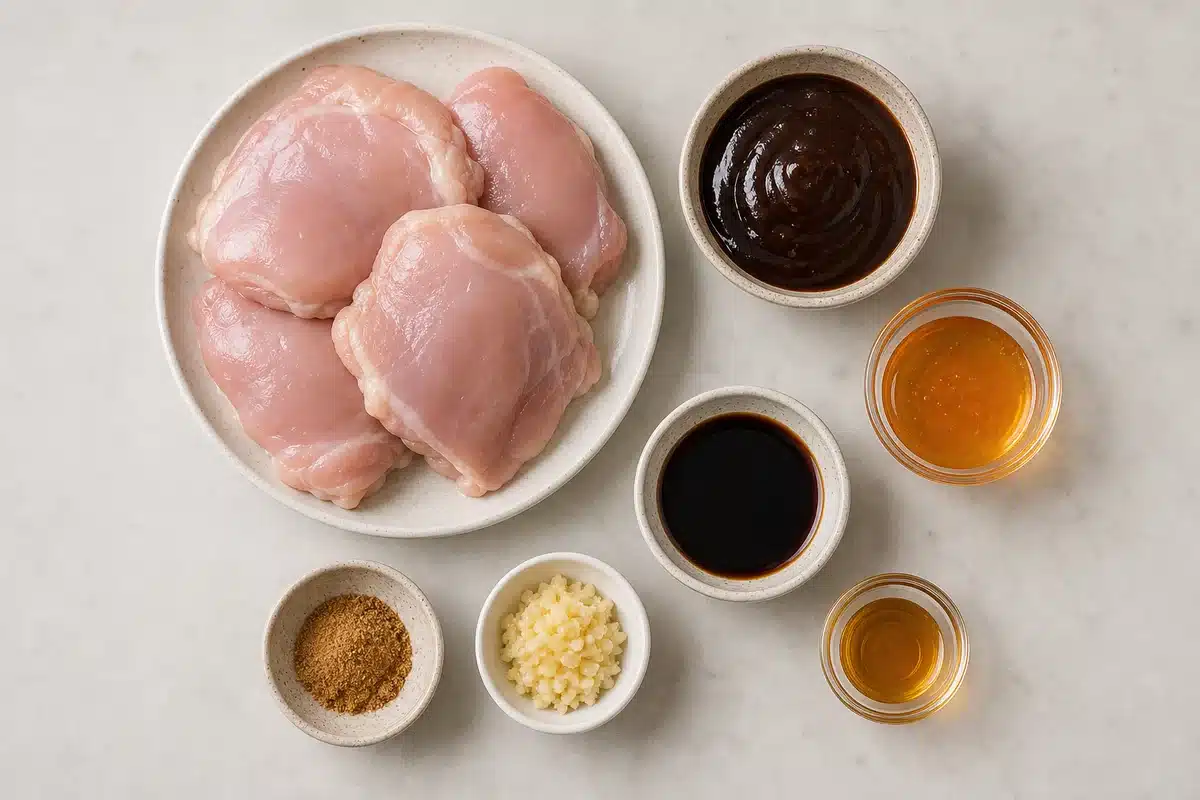 Char siu chicken ingredients with chicken thighs hoisin honey soy sauce five spice garlic and sesame oil
