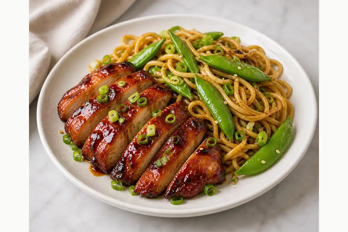 Sliced char siu chicken served with stir fried noodles snap peas and scallions