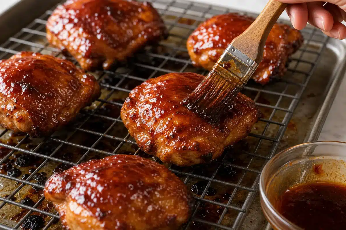 Char siu chicken thighs being brushed with glossy marinade on a rack