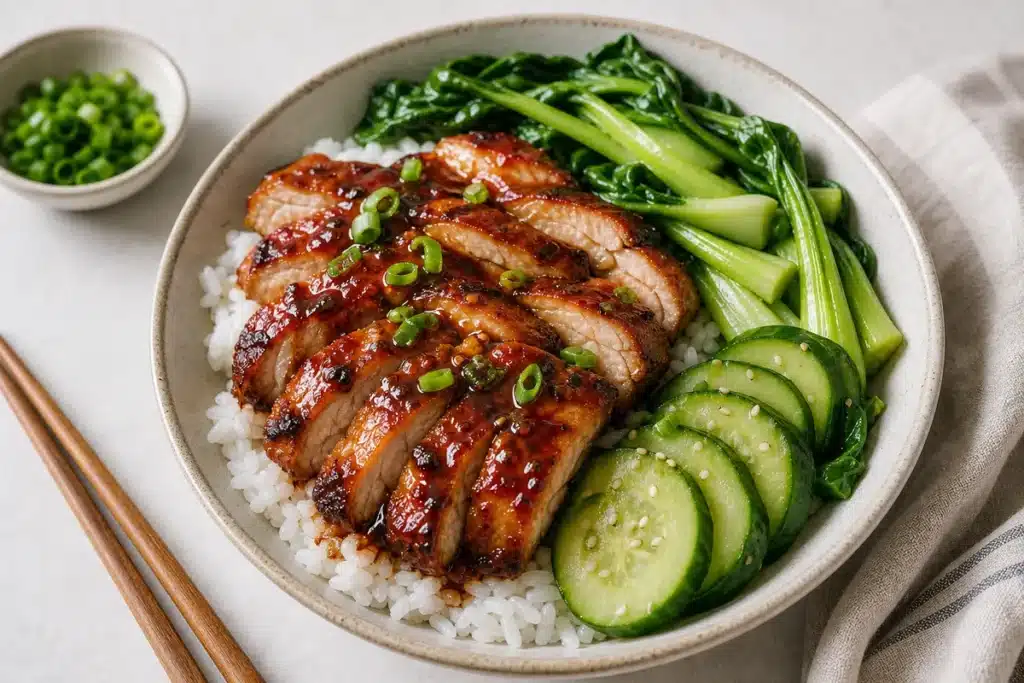 Char siu chicken rice bowl with cucumber bok choy scallions and glossy sauce