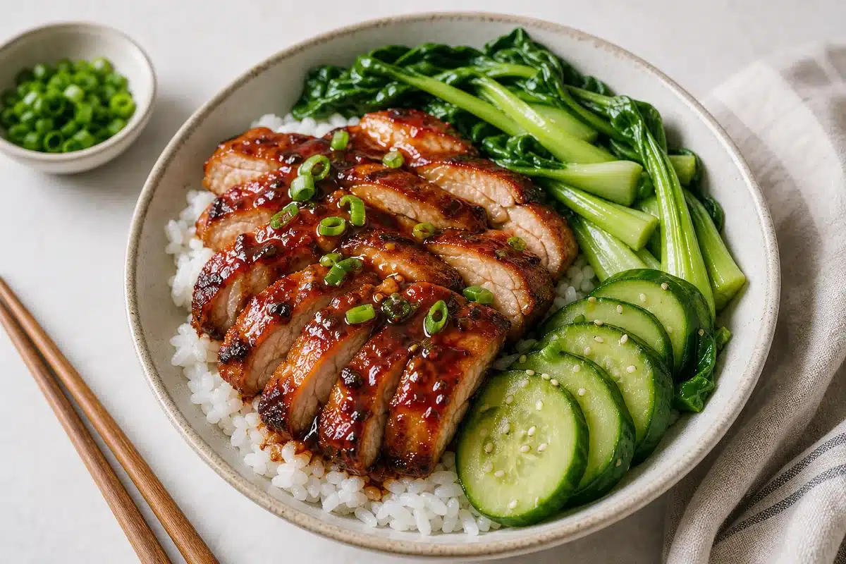 Char siu chicken rice bowl with cucumber bok choy scallions and glossy sauce