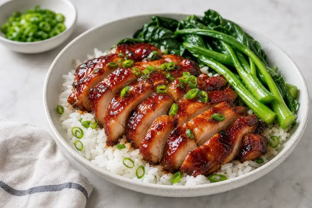 Sliced char siu chicken served over rice with greens and scallions