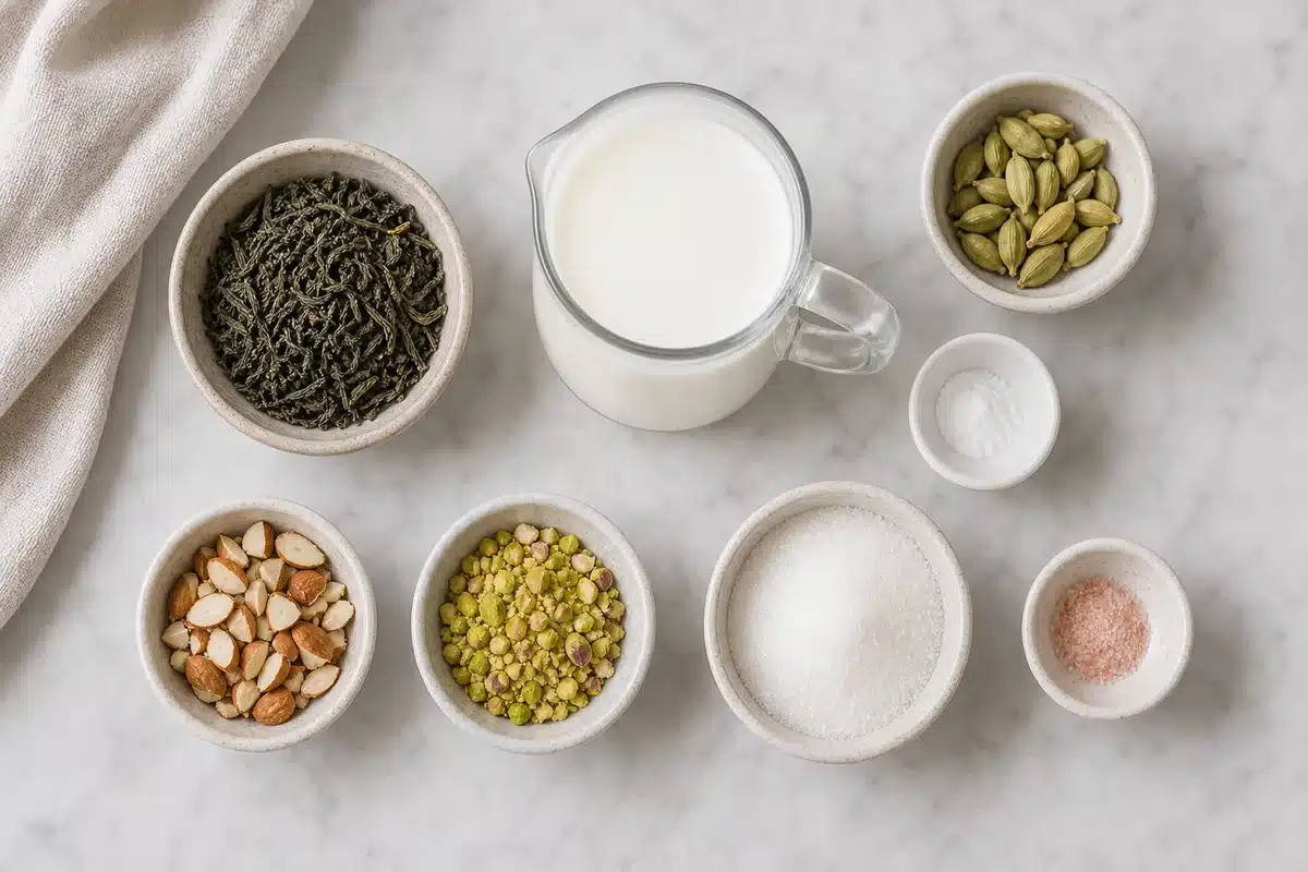 Kashmiri chai ingredients with green tea milk baking soda cardamom pistachios almonds sugar and salt