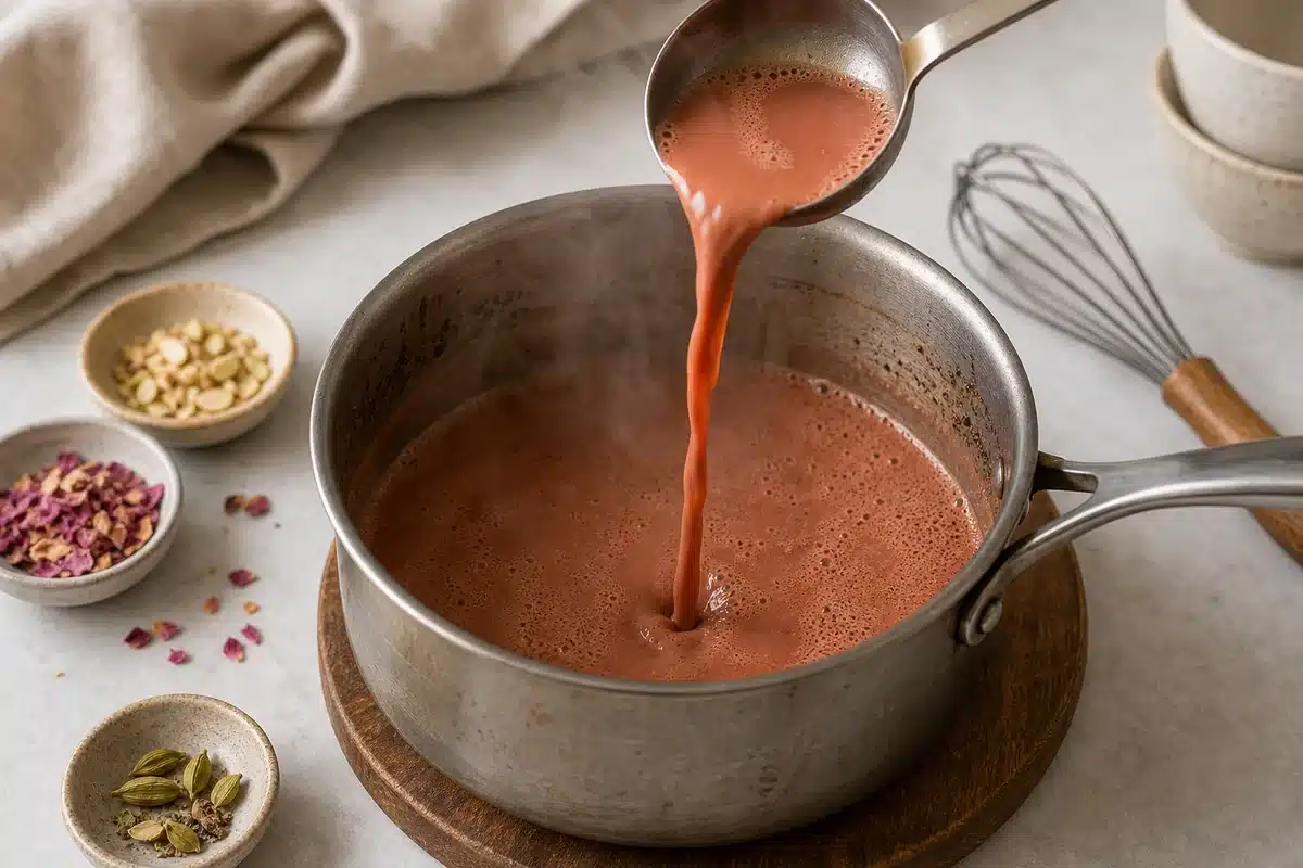 Kashmiri chai tea concentrate being aerated with a ladle in a saucepan