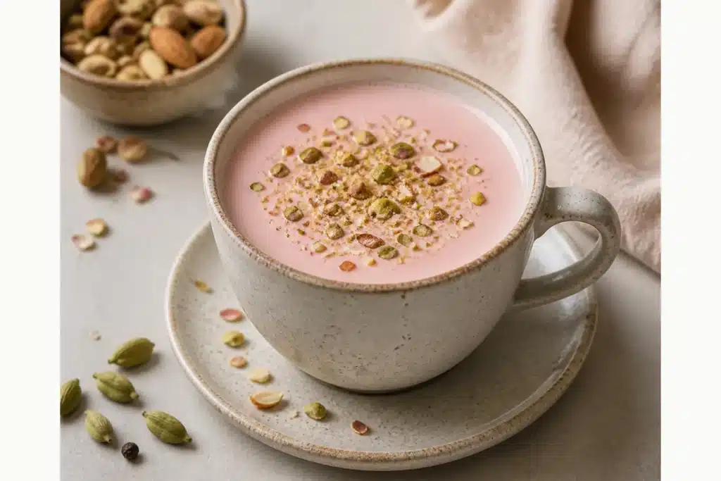 Pink Kashmiri chai served in a cup with pistachios almonds and cardamom