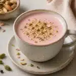 Pink Kashmiri chai served in a cup with pistachios almonds and cardamom